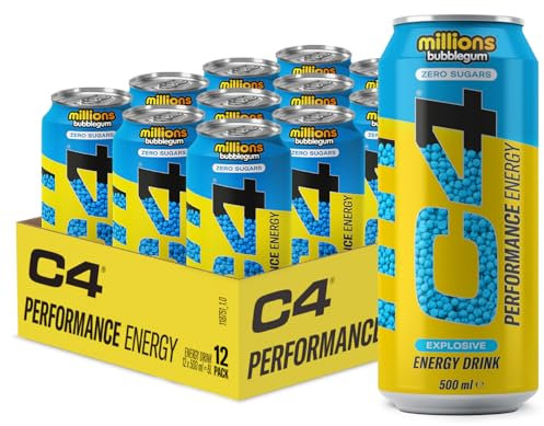 C4 Performance Energy Drinks Millions Bubblegum 500ml (12 Pack) | Sugar Free Energy Drink with 160mg Caffeine, 250mg Betaine, 1050mg Taurine | Low Calorie Fizzy Drinks for On The Go Energy and Focus