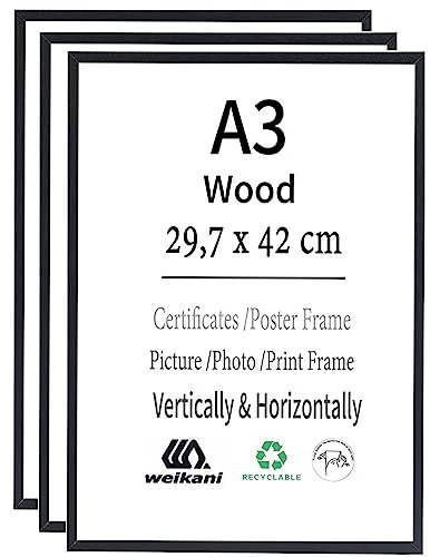 Weikani Lot de 3 cadres photo A3, noirs, 29,7 x 42 cm, cadre photo en bois avec plexiglas pour montage mural ou affichage sur table
