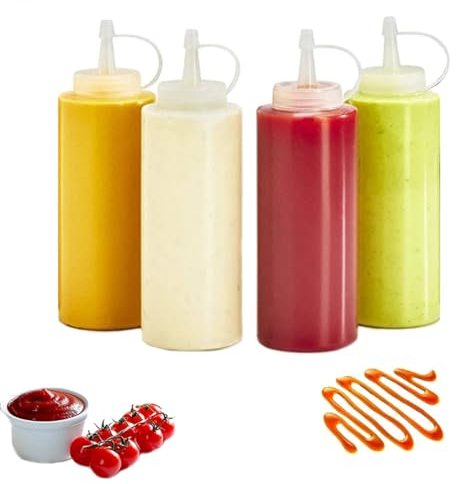 Anicy 4 botellas de plástico para rellenar, 500 ml, botella dosificadora con tapas, botellas de plástico de 16 oz para rellenar, para ketchup, parrilla, salsas, jarabes, aderezos, aliños