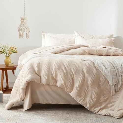 Freyamy Seersucker Housse de Couette 140x200cm+1 Taie d'oreiller 65x65cm Gaufré Rayé Structuré Beige Parure de lit en 100% Microfibre Sets de Housse Couette Adulte Fille avec Fermeture Éclair