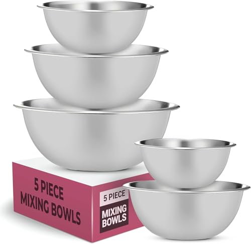 GARUET Mixing Bowls Set, Easy-Grip, Stainless Steel Mixing Bowls for Baking, Cooking, Salad & Food Prep - Large, Medium and Small Metal Nesting Bowls (5, White)