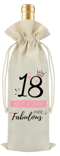18th Birthday Gift for Girls,Reusable Linen Jute Wine Bottle Bag with Drawstring,“18 and Fabulous” Design,Decorative Eco,Friendly Gift Wrap,Perfect Birthday Present for Her or Friend