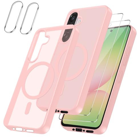 Cover per Samsung Galaxy A56 5G Compatibile con 2 vetri temperati e 2 vetri per fotocamera, Translucent Matte Slim Back PC+TPU Bumper Shockproof Compatible Magnetic Cover per - Rosa chiaro