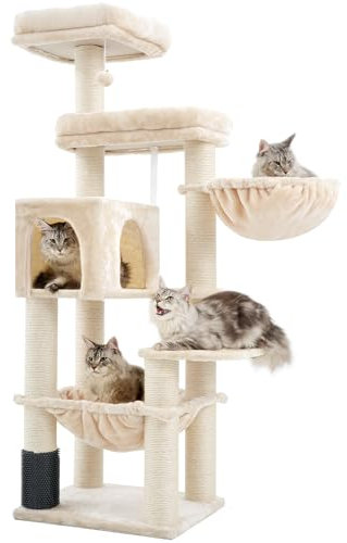 Hey-brother Grand arbre à chat XXL pour Maine, 168 cm, pour grands chats, avec hamac surdimensionné, poteaux en sisal (φ11 cm) et peigne, 2 plateformes, grotte, panier, beige EMPJ01M