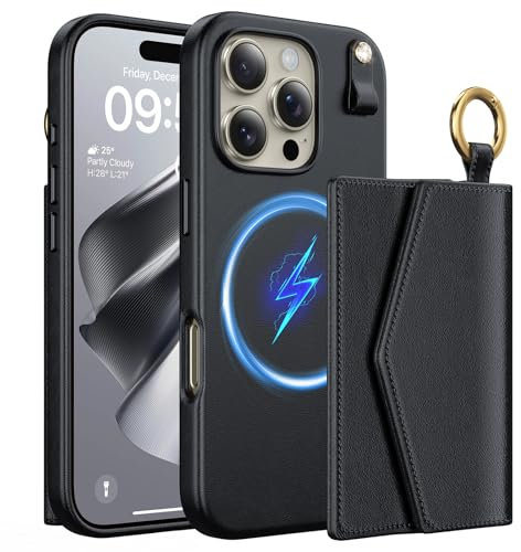 TAURI for iPhone 16 Pro Case, Removable Magnetic Wallet Case with Card Holder, [Compatible with MagSafe] Durable PU Leather Phone Case with Wireless Charging, Black