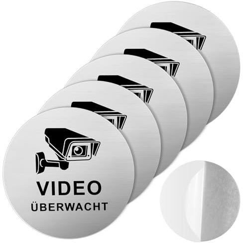 5 Stück Videoüberwachung Schild Klein Selbstklebend Videoüberwacht Schild Gebürstete Aluminiumoberfläche Round Videoüberwachung (Ø 10 cm)
