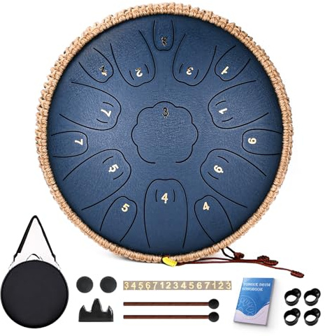 Natraldrum Steel Tongue Drum, 13 Zoll 15 Noten Zungentrommeln, C Key Handpan Drum Instrumente für Kinder Erwachsene, Stahltrommel mit Musikbuch, Schlagzeugschlägel und Tragetasche (Marineblau)