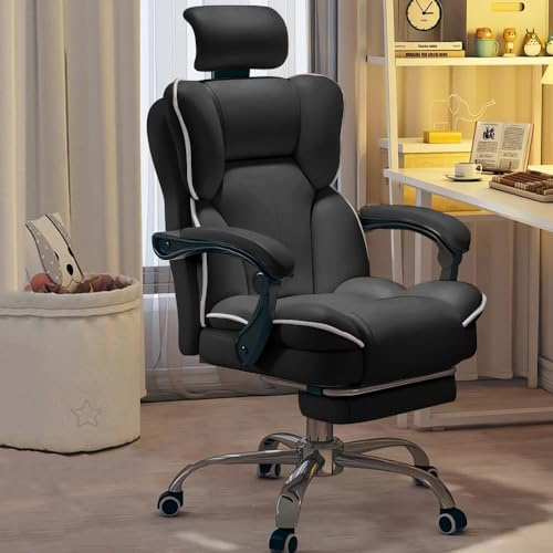 XUEGW Exekutiv-Bürostuhl – Hochlehnen-Schreibtischstuhl mit Verstellbarer Rückenstütze – Großer & robuster Drehstuhl fürs Home-Office – Ergonomischer Computerstuhl mit Lendenunterstützung (Schwarz)