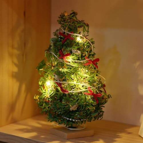 Miniature Christmas Tree with Lights 1/12 Scale Realistic Mini Christmas Tree with Wooden Base for Doll House, Miniature, Mini