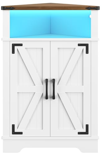 HOOBRO Eckschrank mit LED-Streifen, Küchenschrank, Aufbewahrungsschrank | Küchenschrank mit Verstellbarem Einlegeboden und Offenem Fach, Eckkommode für Wohnzimmer, Bad, Weiß und Walnuss EWH119DCJ01
