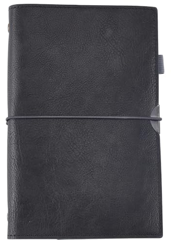 CALFOVERA A6 200 Seitiges Reisetagebuch Aus PU Leder Nachfüllbar Mit Trennblatttasche Softcover 6 Ring Planerhülle Loseblatt Ordner Notizbuchhülle Für Einlegepapier (Schwarz)