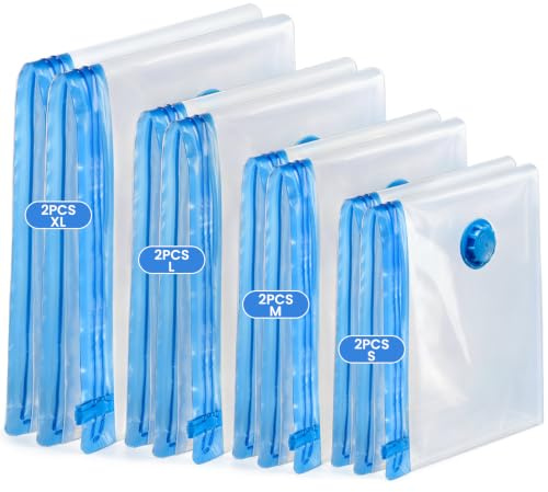 Vihoom Vacuum Storage Bags 8 Pack, Vacuum Pack Bags for Clothes and Travel | 2 Jumbo, 2 Large, 2 Medium, 2 Small, Reusable Space Saver Compression Bags for Duvet, Suitcase, Bedding, Pillows, Clear