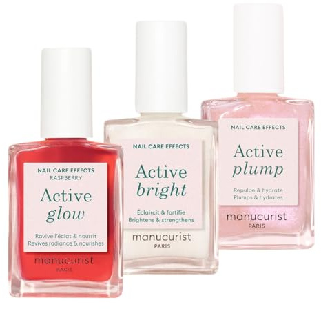 Manucurist Active Icons Trio Raspberry Bright & Plump Set | Nail strengthener polish trio with Active Glow Raspberry, Active Bright and Active Plump. No lamp nail care