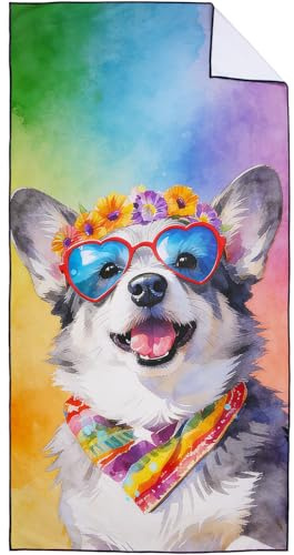 Violetpos Mikrofaser Groß Strandtuch 90x180 cm - Schnelltrocknendes & Kompaktes Handtuch/Strandhandtuch, Regenbogen Corgi Hund Motiv Badetücher für Reise Urlaub Camping mit Tasche