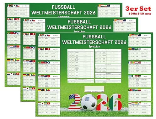 3er Set - Fussball WM 2026 Wandplaner XL-Format 100x140 cm – Spielplan mit 48 Teams, 16-tel-Finale – Fußball-Weltmeisterschaft Poster Spielkalender