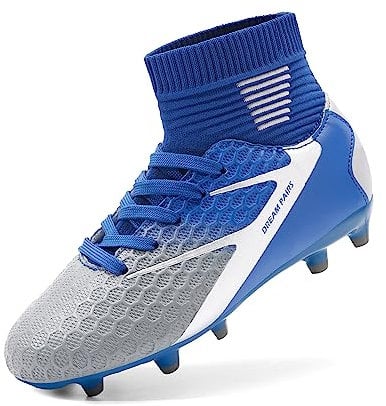 DREAM PAIRS Boys' Football Boots Kids Girls Turf High Top Spikes Non-Slip Junior Soccer Shoes Outdoor Sneakers for Unisex,Size 4 Big Kid,Blue/White/Grey-Qh,HZ19002K