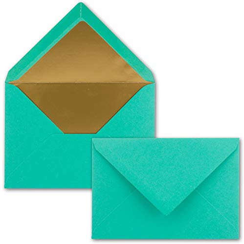 50x enveloppes C6 - couleur: bleu pacifique (turquoise) - 11,4 x 16,2 cm - aves doublure en or métallique - fermeture: gommée - pour papier A4, A5, A6 et pour invitations