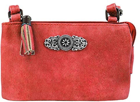 Trachtenland Damen Trachten Handtasche Sofia – Dirndl Umhängetasche aus Lederimitat mit Applikation & Troddel in Pastellfarben oder Schwarz (Rot, ca. 18 x 12 x 8 cm)