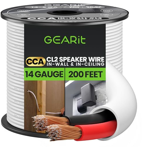 GearIT 14/2 Speaker Wire (200 Feet) 14 Gauge (Copper Clad Aluminum) - Fire Safety In Wall Rated Audio Speaker Wire Cable / CL2 Rated / 2 Conductors - CCA, 200ft