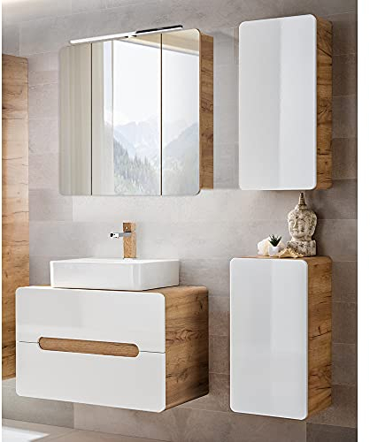 Lomadox Badezimmermöbel Badmöbel Set, Hochglanz weiß mit Wotan Eiche Nb., Keramik Aufsatz Waschbecken mit Waschtischunterschrank, LED-Spiegelschrank, Hängeschrank, Unterschrank