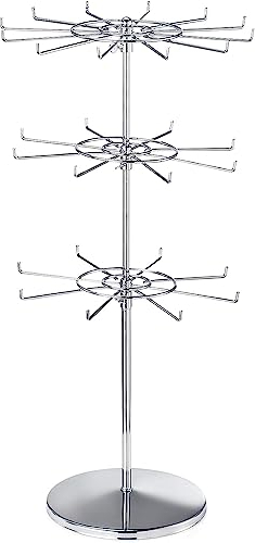 Polmart Schmuckständer aus Metall, Silber, 360° drehbarer Schmuckständer, 3-lagiger verstellbarer Ständer (53-70 CM), mit 28 Haken, Halskette, Armband, Uhrenaufbewahrungsanhänger
