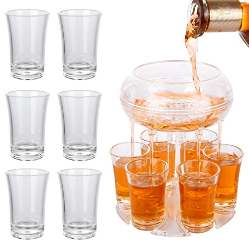 GOYADA Clear 6 Shot Glasses Dispenser and Holder, Transparent Shot Dispenser with Glasses, Acrylic 6 Shot Glasses Beverage Drinks Pourer Dispenser for Party Home Drinking Games