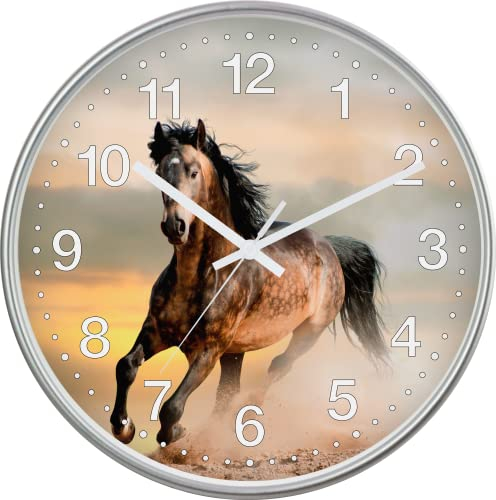 Eurotime Quarzwanduhr, 30 cm, Kunststoffgehäuse Silber, Echtglasabdeckung, klares 12-Zahlen Zifferblatt mit Pferdemotiv, geräuscharmes Uhrwerk, kein Ticken, Wanduhr für Kinderzimmer, 82724-07