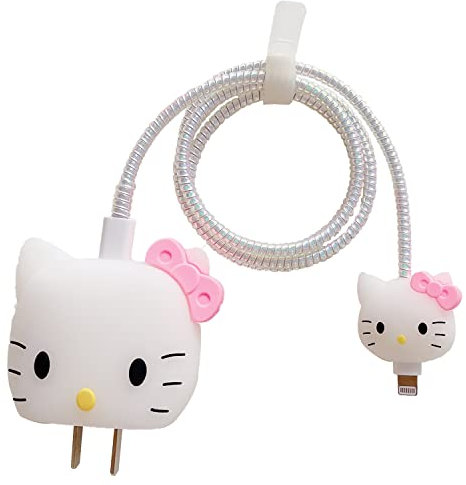 3D Cute Cartoon Wall Charger Protector Case - Compatible for Apple 20W USB-C Power Adapter and Lightning Cable No.01(4in1)