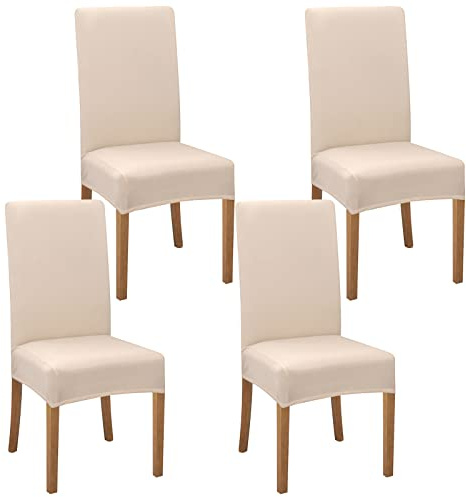 Kaket Dining Chair Covers for Dining Room Set of 4, Stretch High Back Chair Slipcovers Removable Washable, Dining Chair Protective Cover Chair Decoration Cover for Home Hotel Dining Room (Beige White)