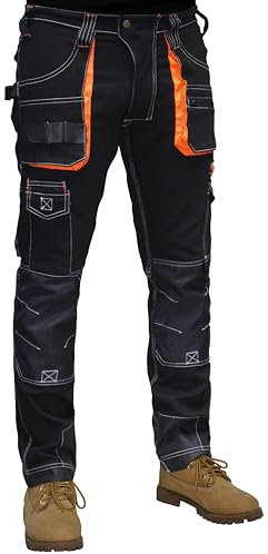 HASHOOB TRADING FZE Men’s Work Trousers Heavy Duty Cargo Combat Work Pant Multi Pockets Knee Pad Cordura Protection Pockets (BLACK2, 36W X 32L)