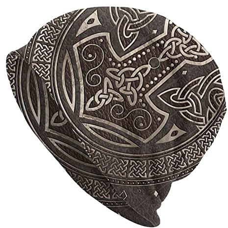 AHTCPO Viking Thor's Hammer Tattoo Beanie Mütze für Männer, Nordischer Mythos Odin Mjolnir 3D Druck Strickmütze, Sommer Cool Caps Dünn Vintage Straße Strumpf Mütze