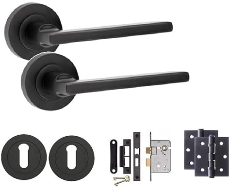 Golden Grace Leon Key Lock Door Handle Pack, Matt Black Finish | Includes a 64mm 3-lever mortice lock, 2 keys, escutcheons, and ball bearing hinges for a complete internal door installation.