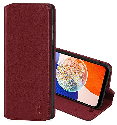 32nd Classic Series 2.0 - Real Leather Book Wallet Flip Case Cover For Samsung Galaxy A14 (4G/5G) (2023), With RFID Blocking Card Slot, Magnetic Closure and Built In Stand - Burgundy
