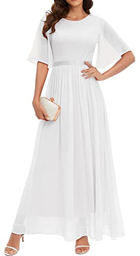 Bbonlinedress Abendkleider elegant für hochzeit Spitzen Chiffon Ärmel Kleid festliches Brautjunferkleid Maxi Bridesmaid Dress Partykleid Abschlusskleid lang Ballkleid White L