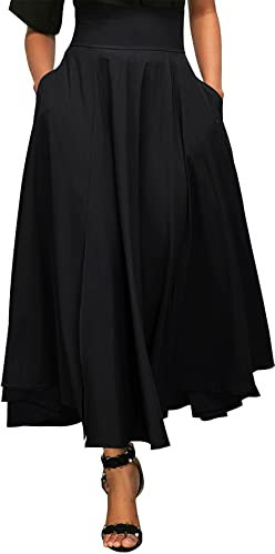 Rooscier Damen Elastische Hohe Taille Krawatte Knoten Zurück A-Linie Ausgestellt mit Taschen Langer Rock, Einfarbig Schwarz, Groß