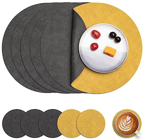 Myir JUN Tischsets Abwaschbar Leder und Untersetzer, Doppelseitigen Platzset Rund Ø 36cm 6er Set rutschfest Glasuntersetzer Platzdeckchen Leder Kunstleder Tischset (Grau Gelb, 6er Set)