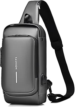 FANDARE 2025 Neue Brusttasche Sling Bag Geschäft Schultertasche mit USB-Ladeanschluss Passwortschutz Crossbody Bag Umhängetasche Wasserdicht für Reisen Wandern mehrere Taschen Sling Daypacks Grau