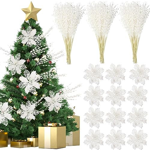 Retrowavy Künstliche Glitzer-Beerenstiel, Ornament, dekorative Perlenstäbe, glitzernde Zweige und glitzernde Weihnachtsstern, künstliche Blumen für Weihnachtsbaum, kleine Vase, Urlaub, Hochzeit, Party