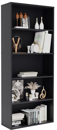 Panana Bücherregal, Holzregal mit 5 Fächern, Regale, Bücherschrank, Standregal Aufbewahrungsregal für Wohnzimmer, Büro, Arbeitszimmer 60 x 23,5 x 139 cm (Schwarz, 5 Fächer)