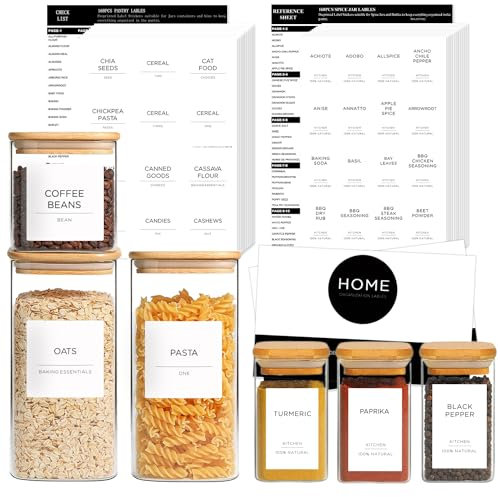328 Pantry and Spice Container Labels, v2croft Minimalist Kitchen Label Stickers, White Matte Black Text, Preprinted Waterproof Label for Jars, Bottles & Canisters Organization