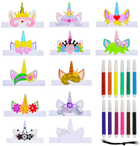 Einhorn Kinderkronen zum Ausmalen, 12 Farbigen Stiften +12 Einhorn Maske, Einhorn Basteln Masken, Einhorn Kreativ Partymasken, Einhorn Masken Bastelsets, Einhornmaske Set, Kinderparty Spiele Bastelset