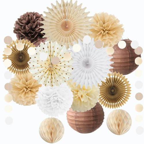 Party Deko Beige Braun Weiß Papierfächer Pompons Papierlaterne mit Kreis Dots Girlande für Mädchen Frauen Boho Beige Geburtstags Neutral Babyparty Hochzeit Party Deko