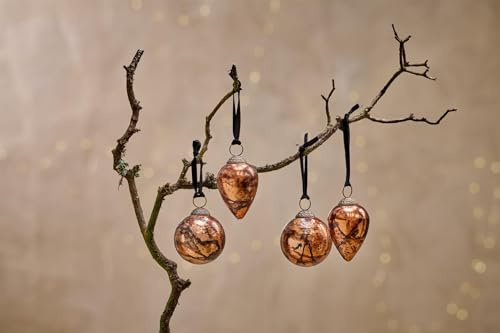 Set of 4 Antique Copper Orange Dew Drop Hanging Baubles, Rustic Antique Christmas Tree Decorations, Jalshara Nkuku Recycled Glass Hanging Christmas Ornaments, Fairtrade Xmas Decor