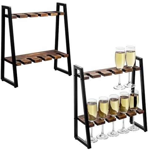 MyGift 2 Tier Rustic Brown Solid Wood Champagne Flute Stand with Industrial Matte Black Metal Frame, Tabletop Stemware Display Rack Fits up to 9 Inch Tall Glasses, Set of 2