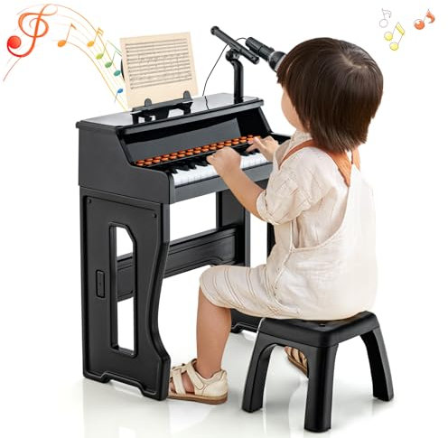 GOPLUS - Piano infantil de 37 teclas con micrófono, teclado de piano infantil con atril extraíble, taburete de carga 50 kg, juguete instrumento de piano multifuncional para niños de 3 años+