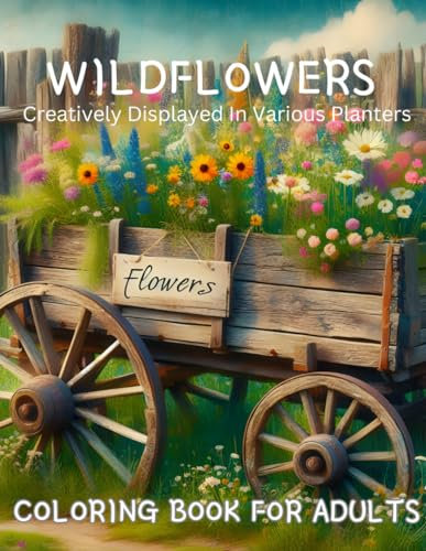 Wildflowers: Coloring Book For Adults Creatively Displayed In Various Planters Wooden Barrels Old Boats Covered Wagons 50 Pages Detailed Floral ... Coloring Illustrations Botanical Art Book