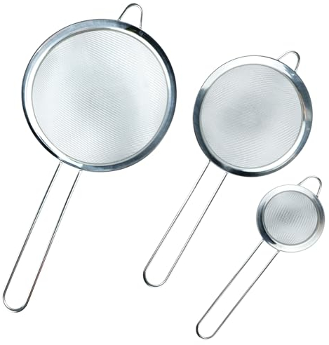3 Pièces Passoire Inox 7/12/18 cm Métal Tamis Cuisine, Tamis Maille Fine avec Poignée, Filtre pour Pâtisserie, Égoutter Poudre, Pates, Légumes, Quinoa, Riz, Blanc d'Oeuf
