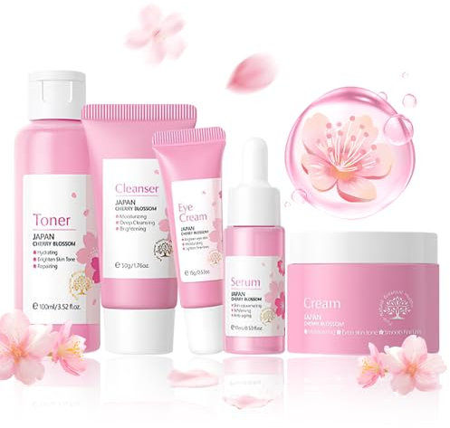 Coffret de soins de la peau, coffret de soins de la peau pour adolescentes avec nettoyant, tonique, sérum, crème pour les yeux, crème pour le visage, coffret de soins de la peau pour (Cherry Blossom)