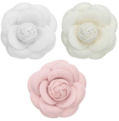 PATIKIL Épingle en Tissu de Camélia, 3 Pcs Broche de Fleur Fleurs Artificielles Broches pour Femmes Filles Décoration Fête Mariage en Tissu Accessoires de Bijoux Cadeau, Blanc/Beige/Rose