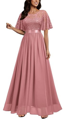 MIUSOL Women's Elegant Flutter Sleeves Lace Sequin Prom Bridesmaids Party Gown Formal Maxi Dress (XX-Large, Dusty Pink)